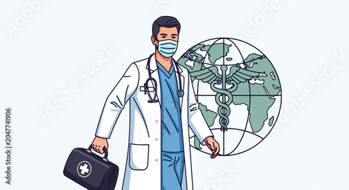 Doctor wearing face mask holding medical bag.