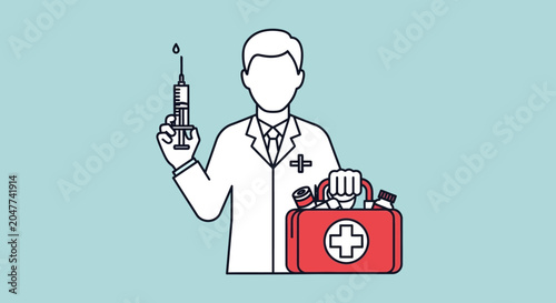 Doctor holding a syringe and first aid kit.