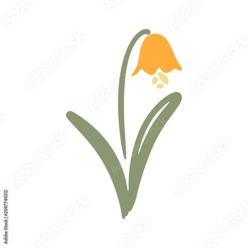 A stylized illustration of a single orange bell flower with a green stem and leaves on a white background. This minimalist floral design is perfect for spring themes, botanical projects, greeting card