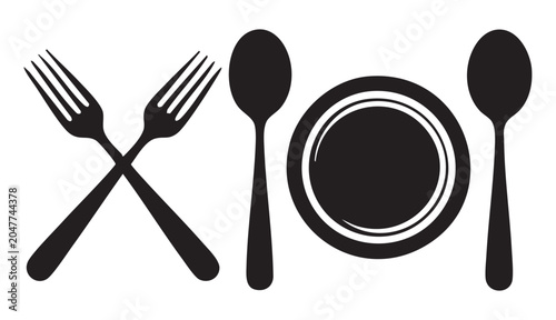 Set of kitchenware black icons showing dinner plate and cutlery pieces for restaurant menu design.