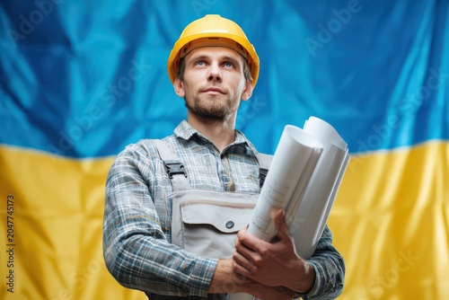 Engineer holds blueprints and looks ahead in front of a flag representing Ukraine during a construction project at a site
