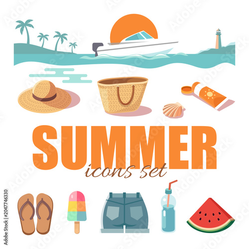 Flat vector summer icons set - straw hat, beach bag, flip flops, ice cream, denim shorts, watermelon, sunscreen, seashell, water bottle, motorboat, lighthouse and palm trees.