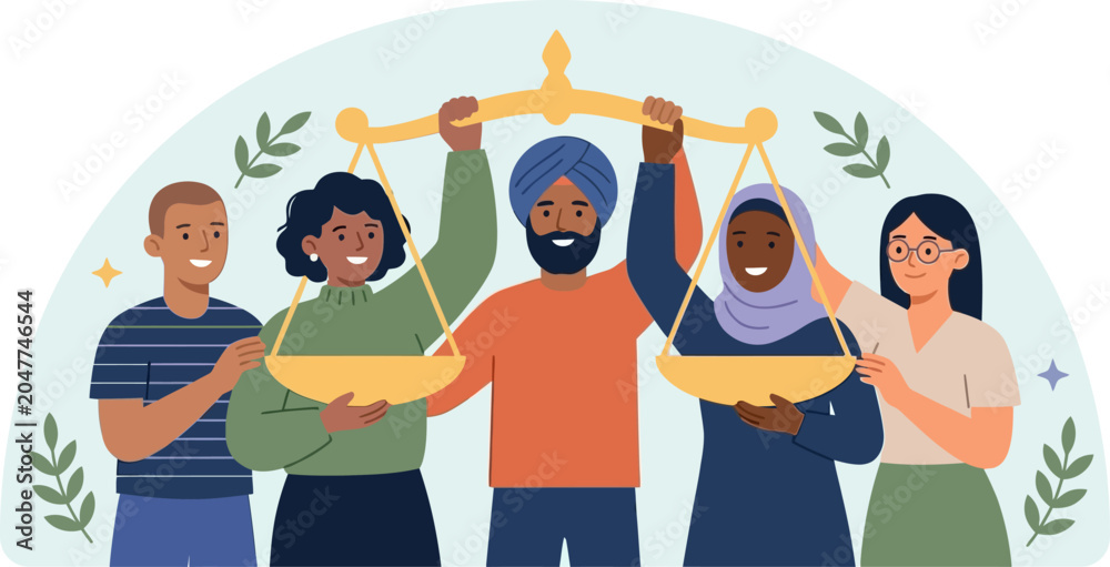 Fototapeta premium A diverse group of individuals collaborating to uphold the scales of justice, symbolizing global equality, unity, and social inclusion for a harmonious community future