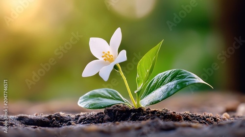 Delicate White Flower Blooms in Soft Sunlight Emerging from Rich Soil.