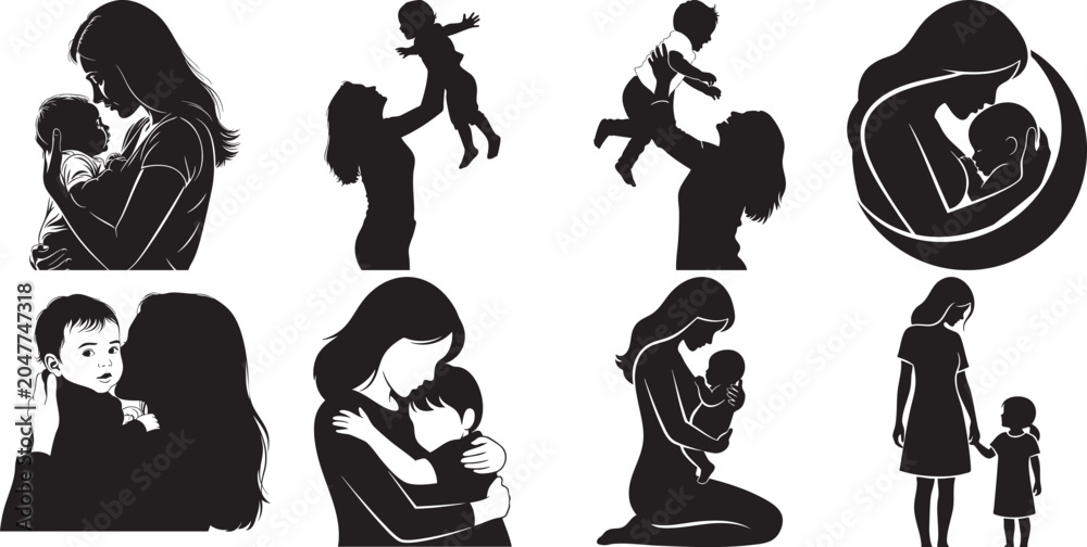 Fototapeta premium Mother And Child Silhouettes A Collection Of Black Vector Graphics