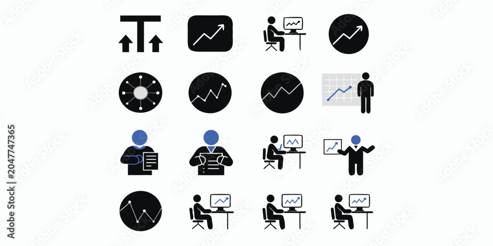 Fototapeta premium Collection of business, technology, and data analysis vector icons with user and growth themes.