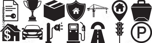Set of black silhouette business real estate and energy icons with business silhouette document
