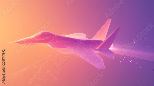 Low poly jet aircraft flying in the sky with a pink and orange background.