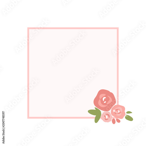 A charming illustration features a light pink square frame on a white background, adorned with a sweet cluster of small pink roses and green leaves in the bottom right corner.