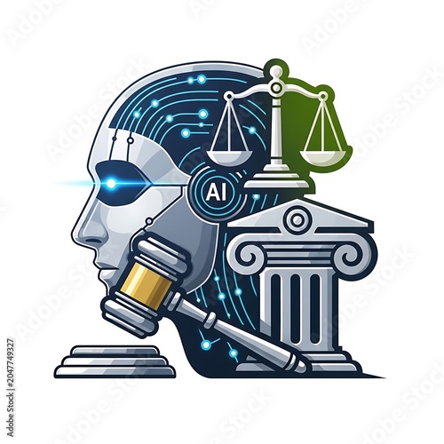 Artificial intelligence brain with law scales and gavel concept.