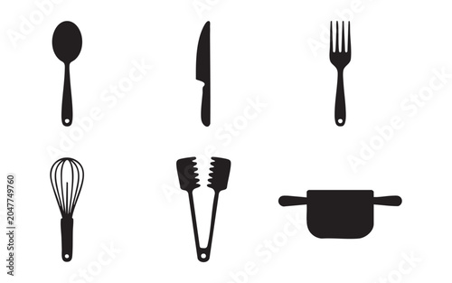Photos Kitchen tools and dining flatware black silhouette icon set for professional chef cooking utensil
