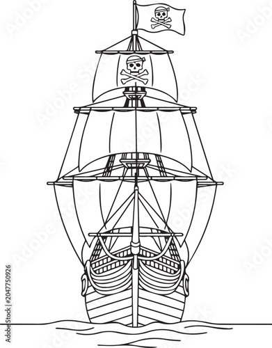 Quadro em tela Pirate Ship With Jolly Roger Sails Black White Line Art