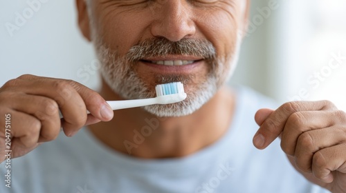Close-up of a mature man with gray beard holding a white toothbrush near his mouth, with hands, bristles, lower face, clean teeth, and soft bathroom light emphasizing oral hygiene