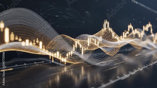 Abstract digital market data visualization with financial graph lines and curves on a dark background
