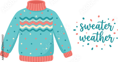 Cuadro en lienzo "Cozy blue sweater vector illustration with pink collar, cuffs, hem, decorative