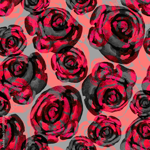 Bright red flowers of roses floral seamless pattern. Home decor modern interior, beauty package, textile, wallpaper, fabric, bedding, package, outerwear.