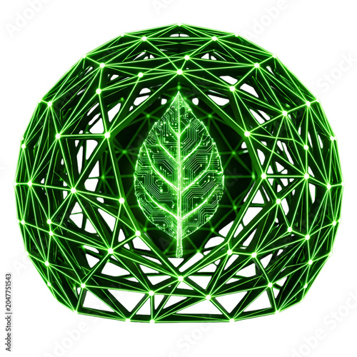 Abstract Mesh Network Glowing Neon Green Lines On Transparent Background