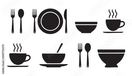 Tableau sur toile Dining utensil silhouettes featuring coffee mug dinner plate soup bowl and flatware icon collection