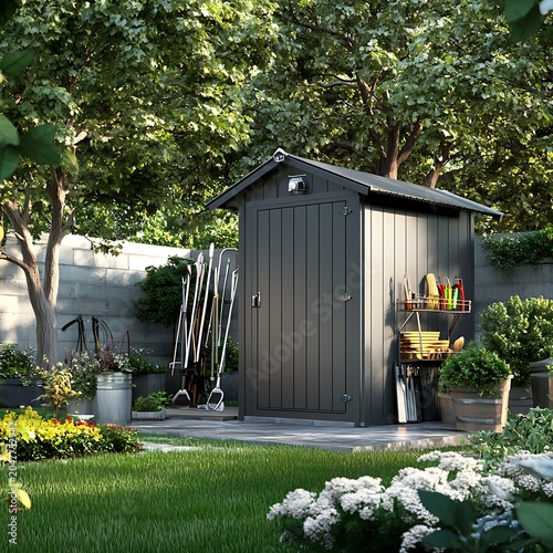 Modern gray garden shed with tools and gardening equipment in a well manicured backyard