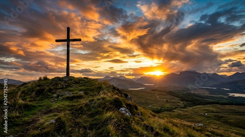 Wooden cross standing on hill against scenic sunset sky and mountain landscape.