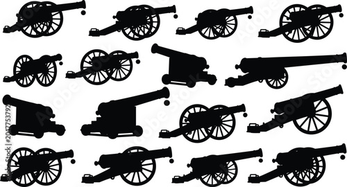 Bild auf Leinwand Vintage Cannon Silhouette Collection with Historic Artillery Weapons and Militar