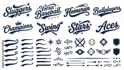 Retro Baseball Typography Collection with Flowing Script Wordmarks, Dynamic Tail Swashes and Sporty Underline Swooshes Vector Set
