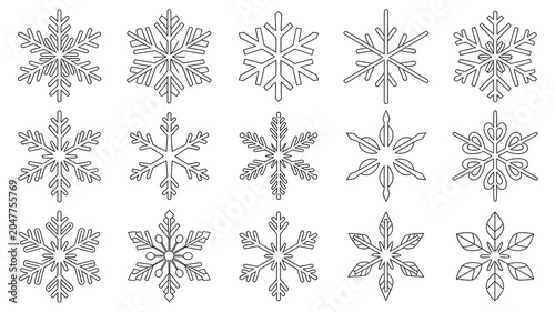 Set of 15 Snowflake Vector Icons – Black and White Geometric Winter Designs