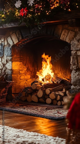 Cozy christmas fireplace with warm flames and festive decorations