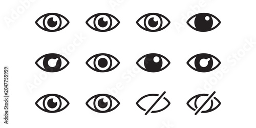 Visible and invisible eye icon set for web and mobile interface design. Black vector symbols representing show and hide states.
