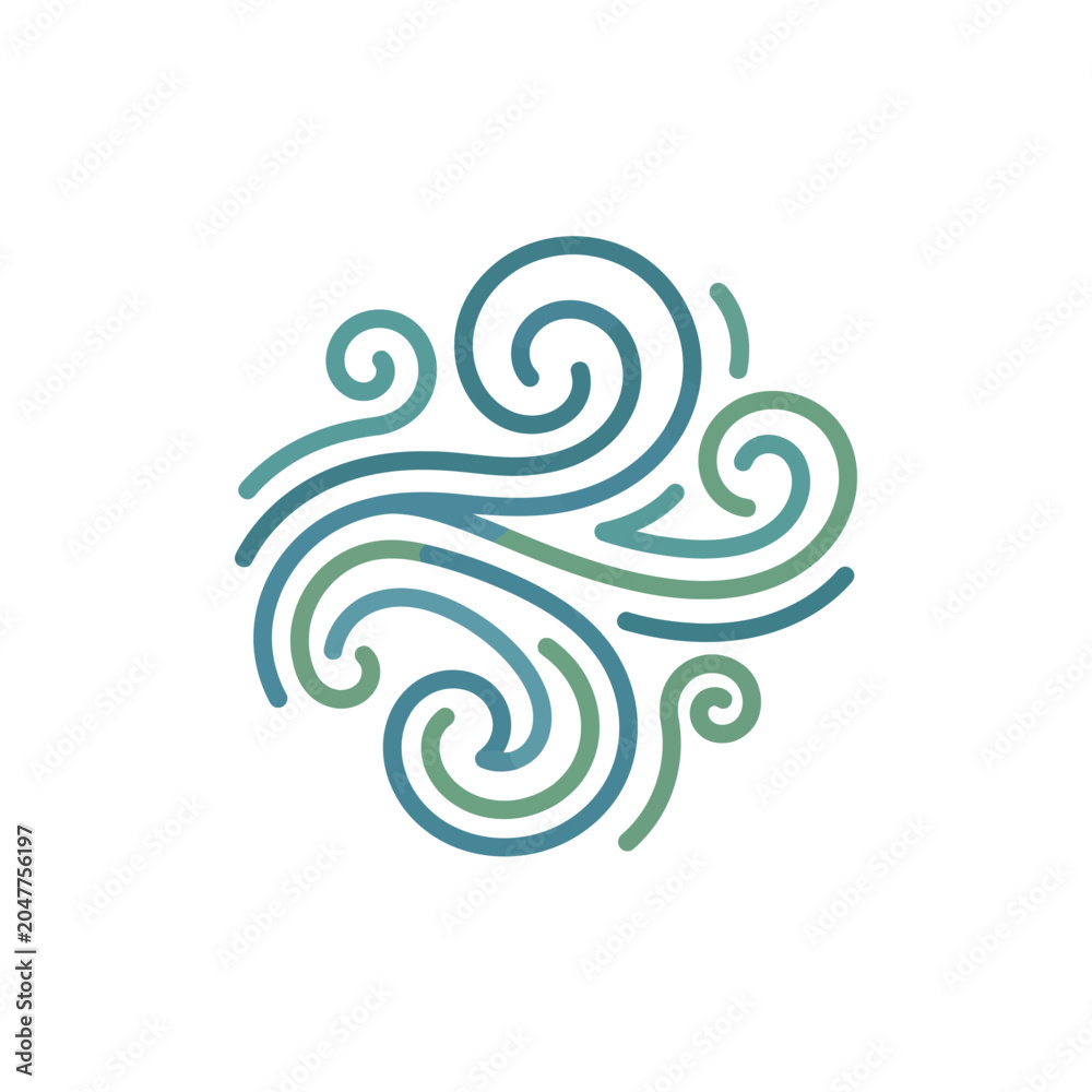 Fototapeta premium Abstract green and blue swirl cluster line art icon.