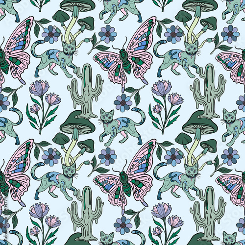 Mushroom seamless pattern with hand drawn fungi, spores and botanical details. Whimsical nature design for fabric, wallpaper, wrapping paper, packaging, stationery and textiles.