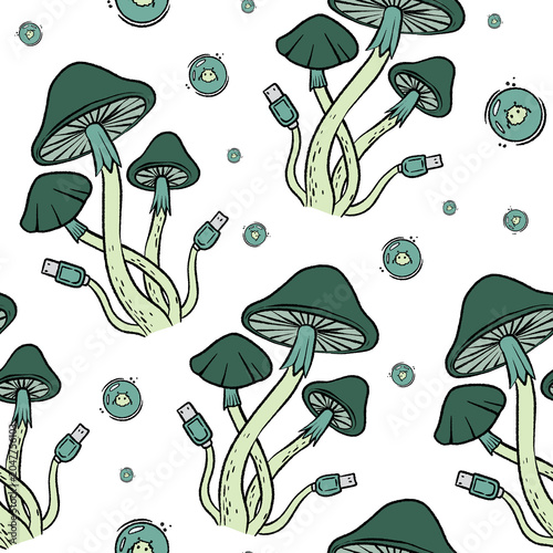Whimsical seamless pattern featuring moths, cats, flowers, cacti and mushrooms. Decorative fantasy design for fabric, wallpaper, stationery, packaging and home decor.