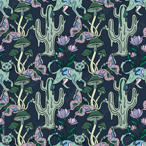 Fantasy seamless pattern with mystical cats, butterflies, cacti, flowers and mushrooms. Whimsical magical design for fabric, wallpaper, stationery, packaging and textiles.