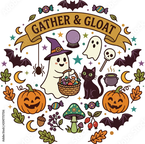 Photos Halloween themed illustration with ghost, witch hat, pumpkins, candy, and spooky