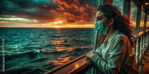 Woman wearing a face mask gazes at the ocean sunset from a boat railing during a dramatic, colorful evening.