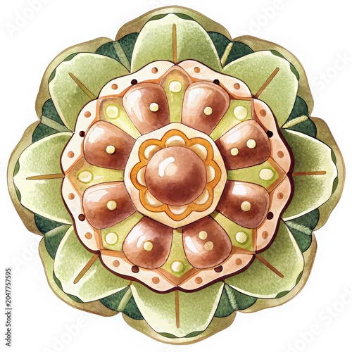 Vintage botanical illustration of a succulent plant with layered fleshy leaves in green and reddish tones.