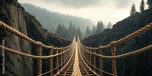 Suspension rope bridge stretches across rocky cliffs surrounded by dense pine forest in foggy mountainous landscape.