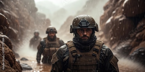 Three soldiers in full combat gear walk through a narrow, muddy canyon during heavy rain.