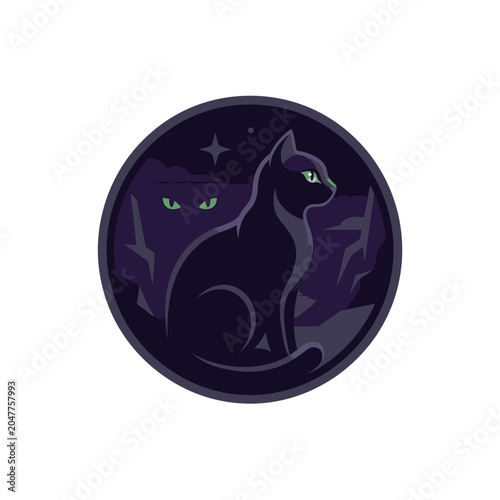 Black cat sitting in a dark moonlit forest scene.