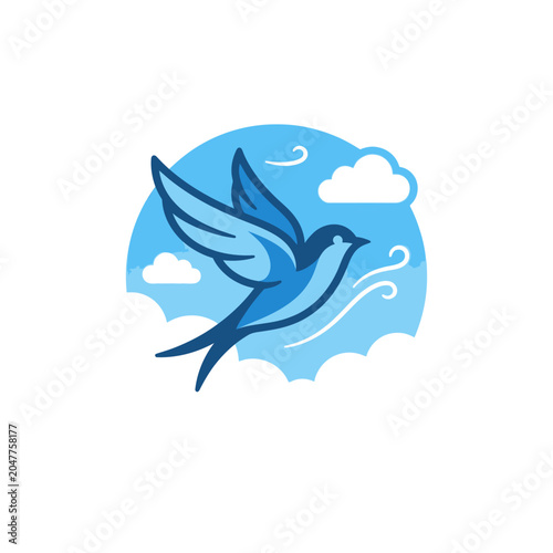 Blue bird soaring through the clouds in the sky.