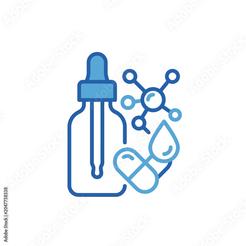 Blue dropper bottle icon with molecules and serum drops.