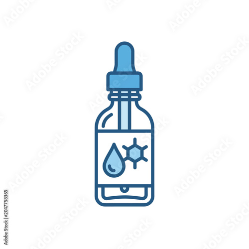Blue dropper bottle icon with drop and molecular symbol.