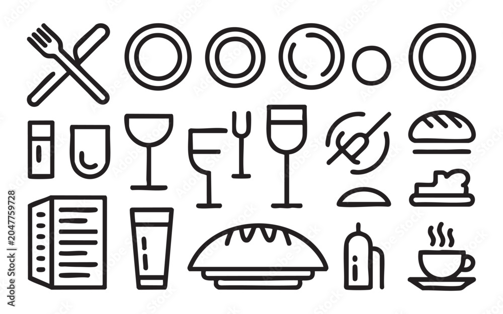 Fototapeta premium Outline icons set of kitchen utensils and dishes on transparent background. food and drink.