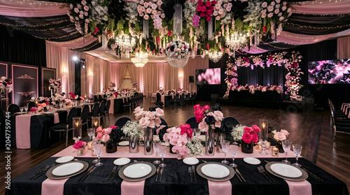 Elegant reception hall meticulously decorated for a sophisticated celebration, featuring luxurious pink and black floral arrangements, ornate chandeliers, and refined table settings
