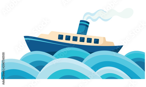 Obraz na plátne Blue ship with cream upper deck sails through large waves on a white background