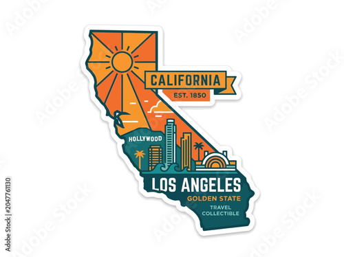 Illustrated travel collectible sticker design featuring the iconic California state map, highlighting Los Angeles cityscape, golden sun, and ocean waves, representing the Golden State.