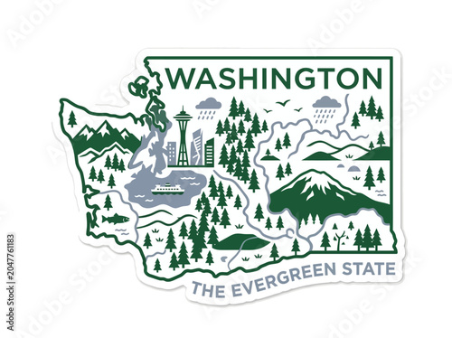 Stylized graphic illustration depicting Washington state map, highlighting iconic landmarks, mountains, forests, city, and water.