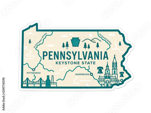 Stylized map illustration of Pennsylvania, highlighting iconic landmarks, cities, and natural features, celebrating the Keystone State.
