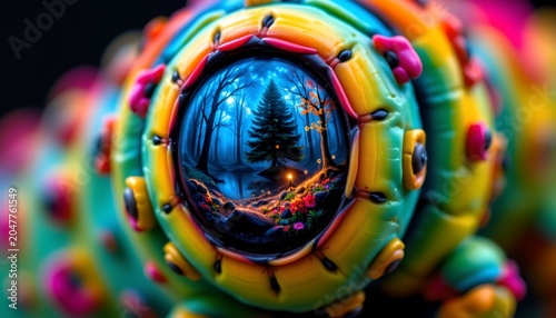 The image features a close up of a colorful, intricate toy or decorative object with vibrant rubbery segments in shades of yellow, pink, green, and blue