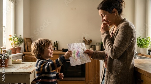 Child Showing Drawing to Mother at Home